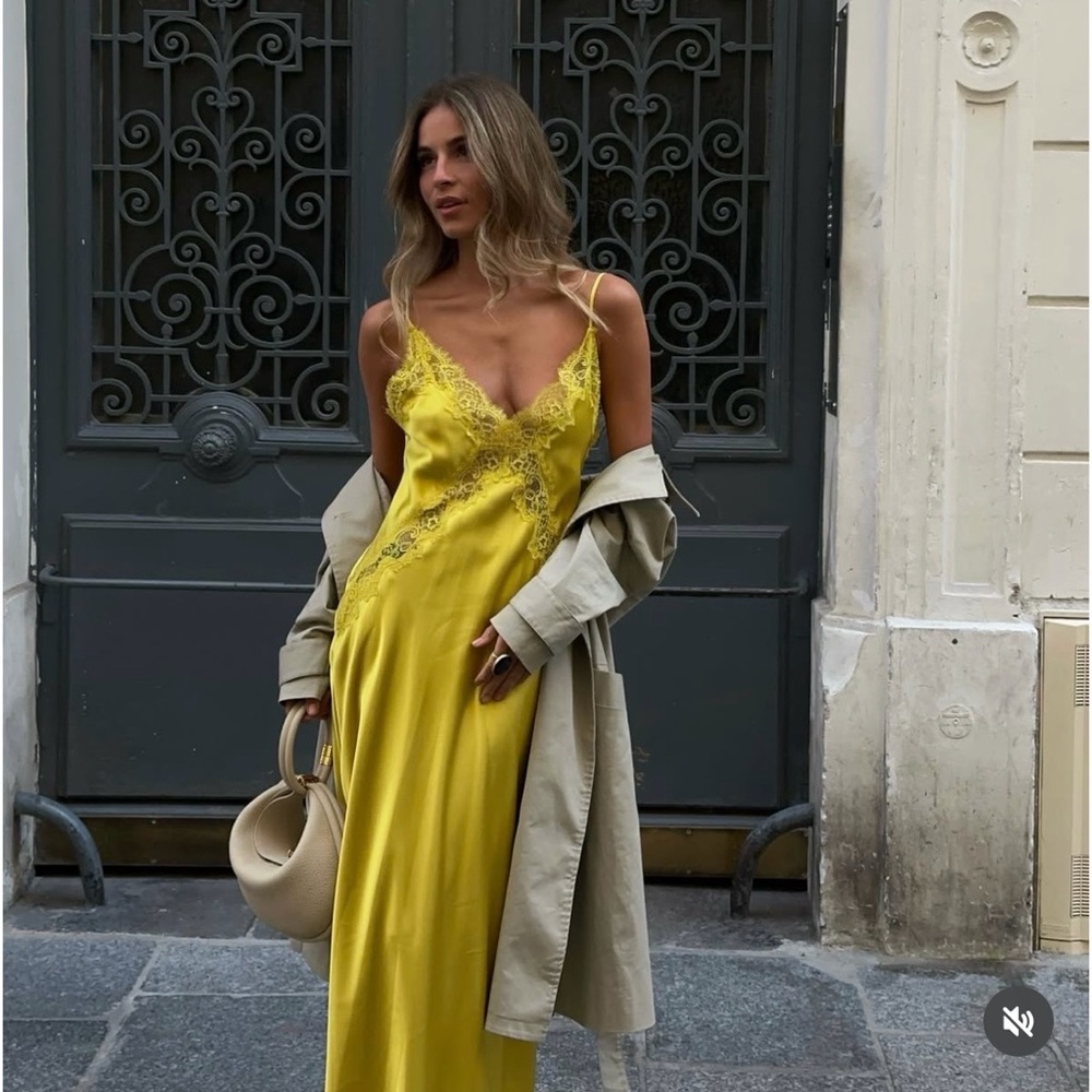 Zara Yellow Lace-Trim Slip Maxi Dress
